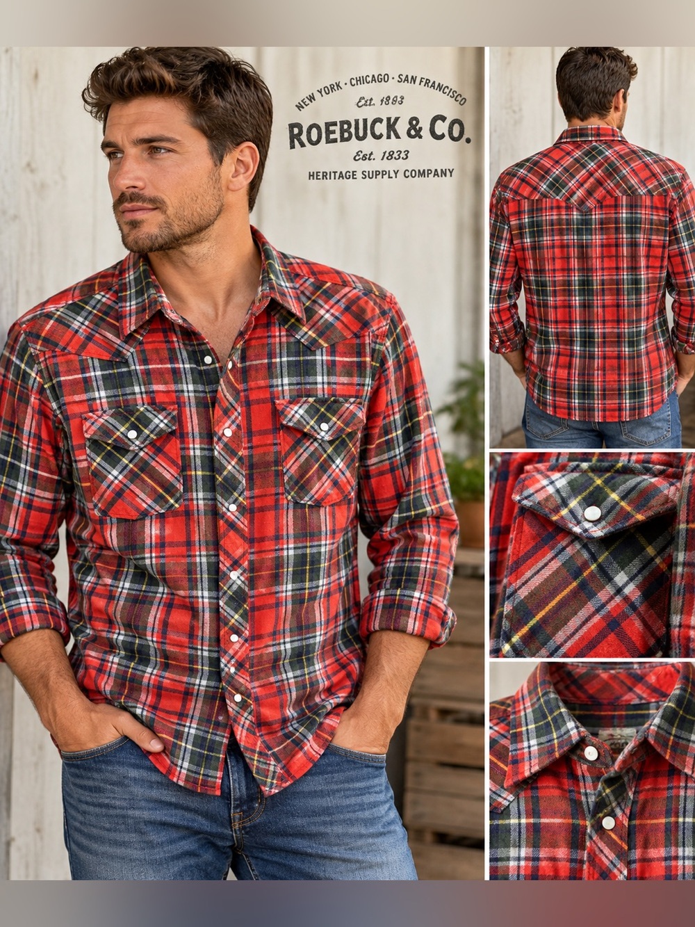 Roebuck & Co Heritage Plaid Western Pearl Snap Flannel Shirt Men’s L